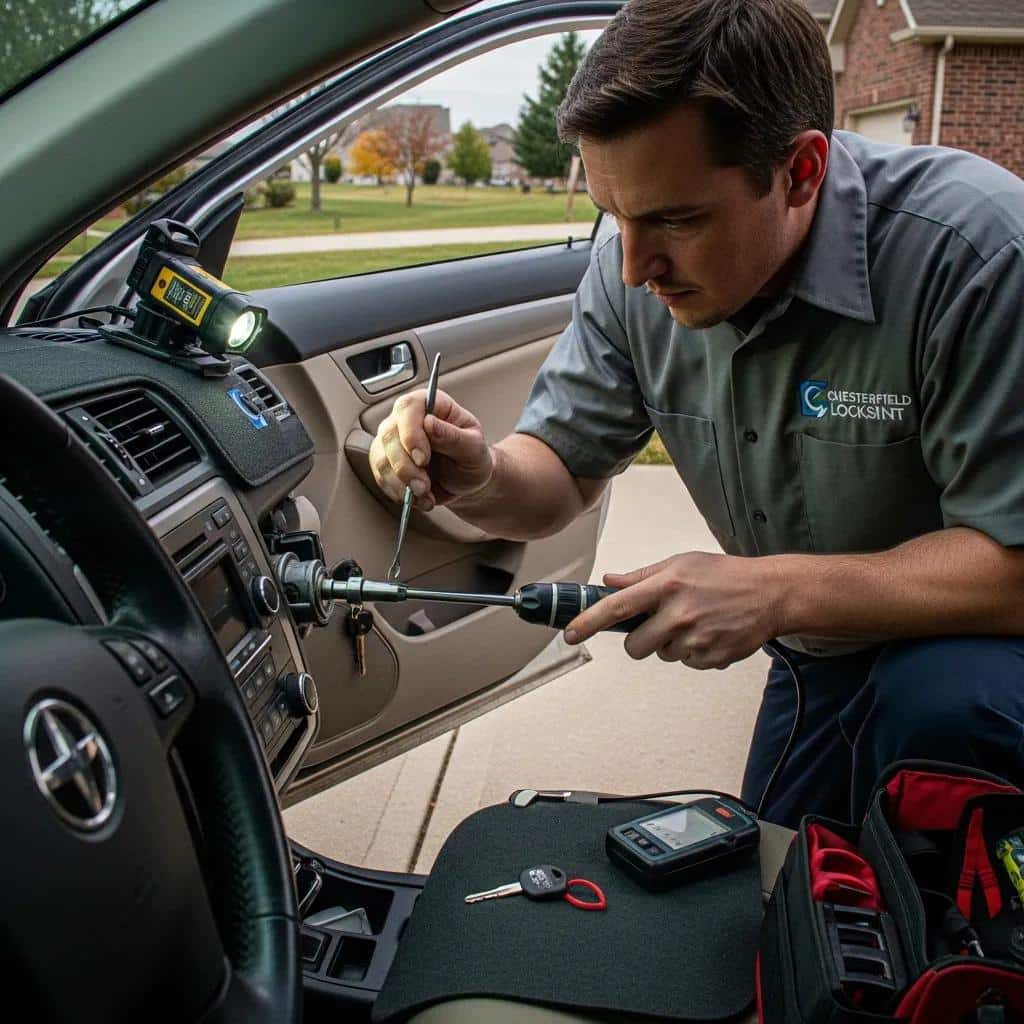 Automotive locksmith replacing a car key, emphasizing car security services