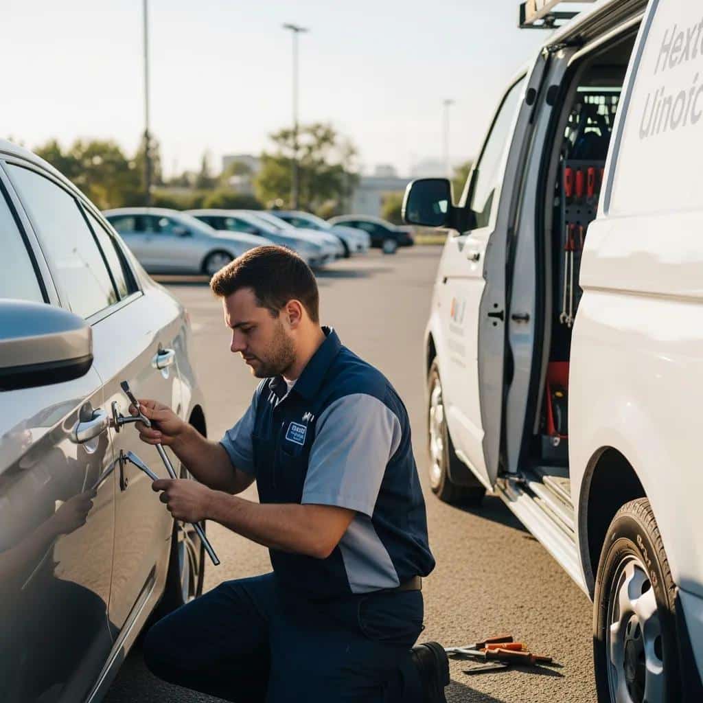 Automotive locksmith unlocking a car door in O'Fallon, MO, showcasing automotive services