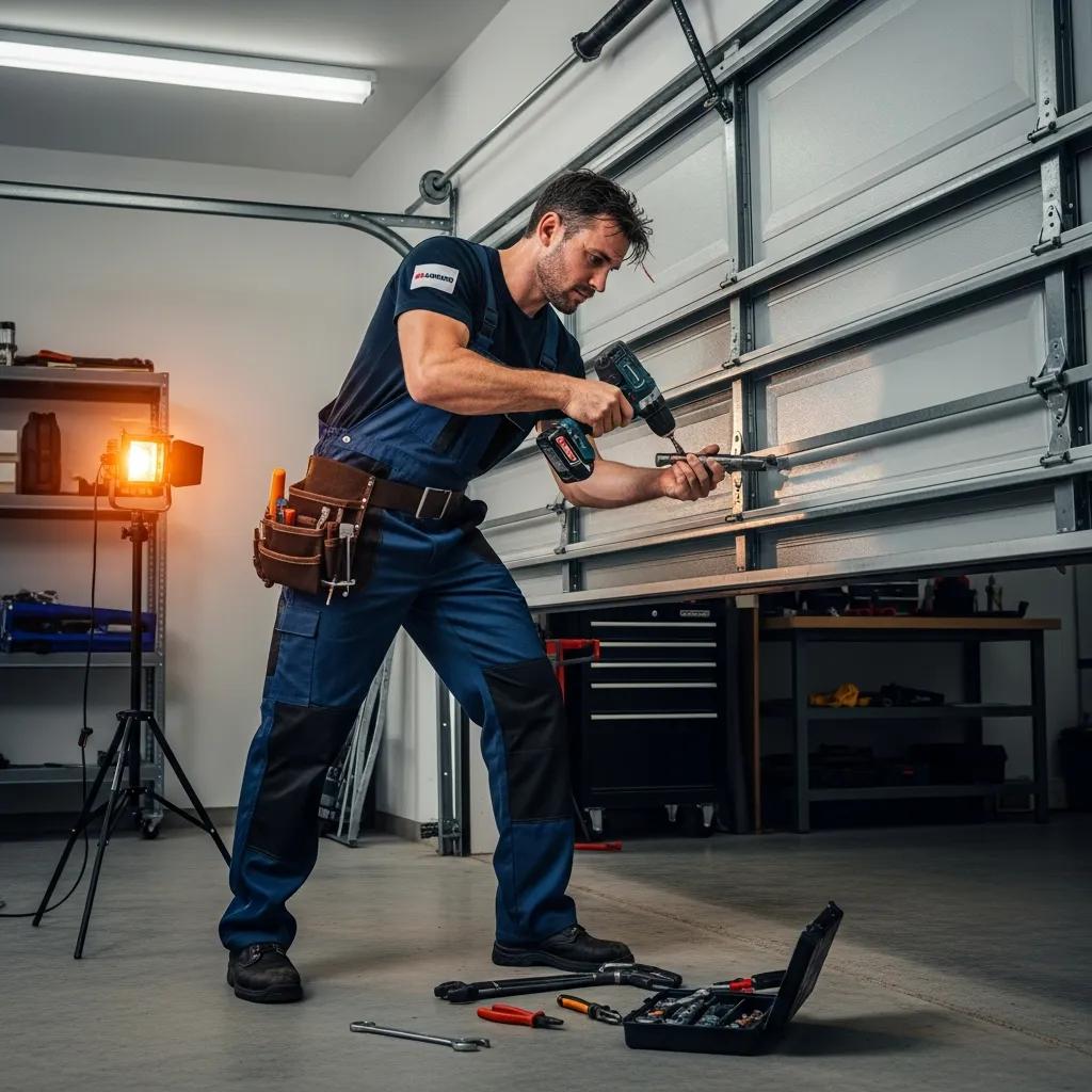 Emergency garage door repair technician working on a malfunctioning door