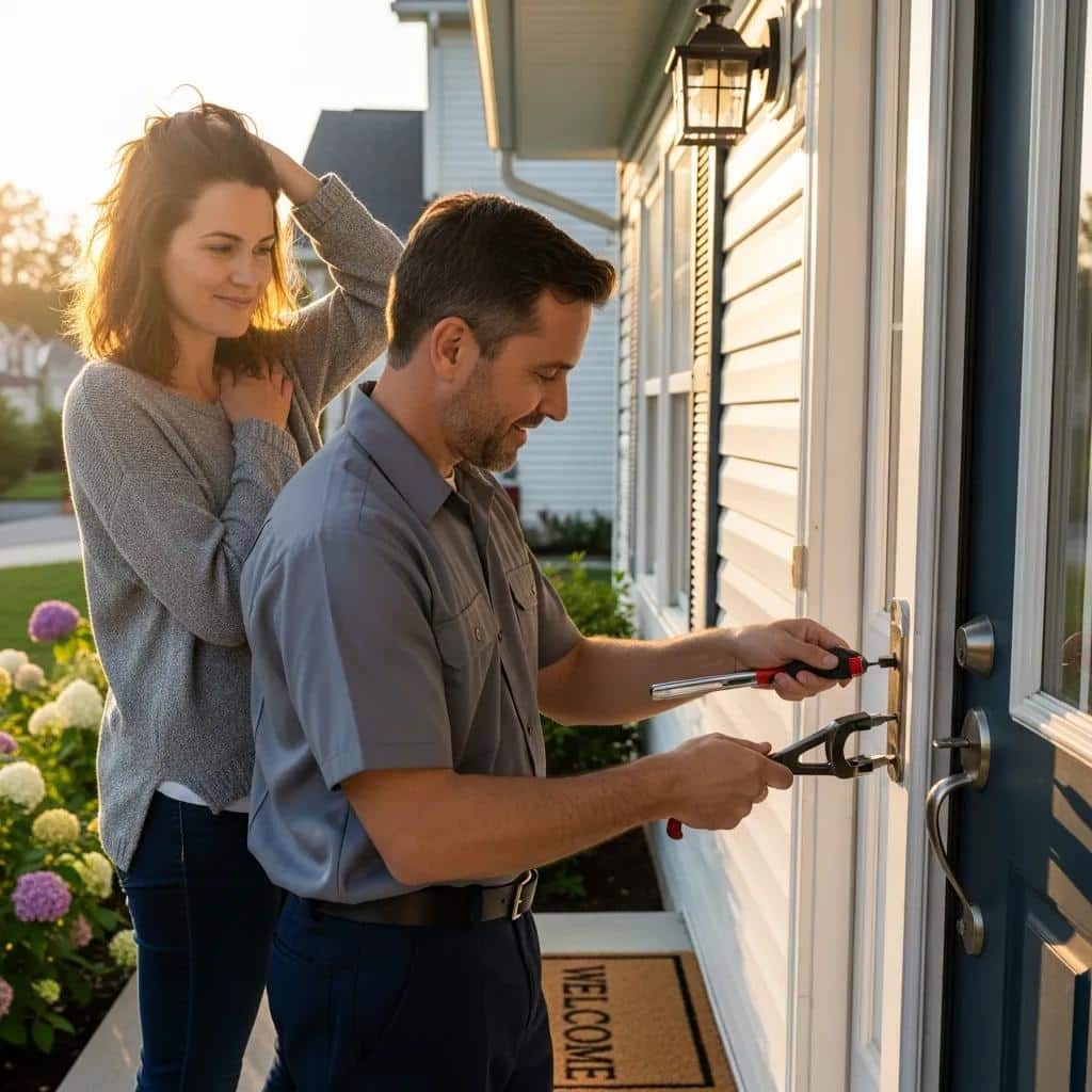 Homeowner receiving emergency lockout assistance from a locksmith at their home