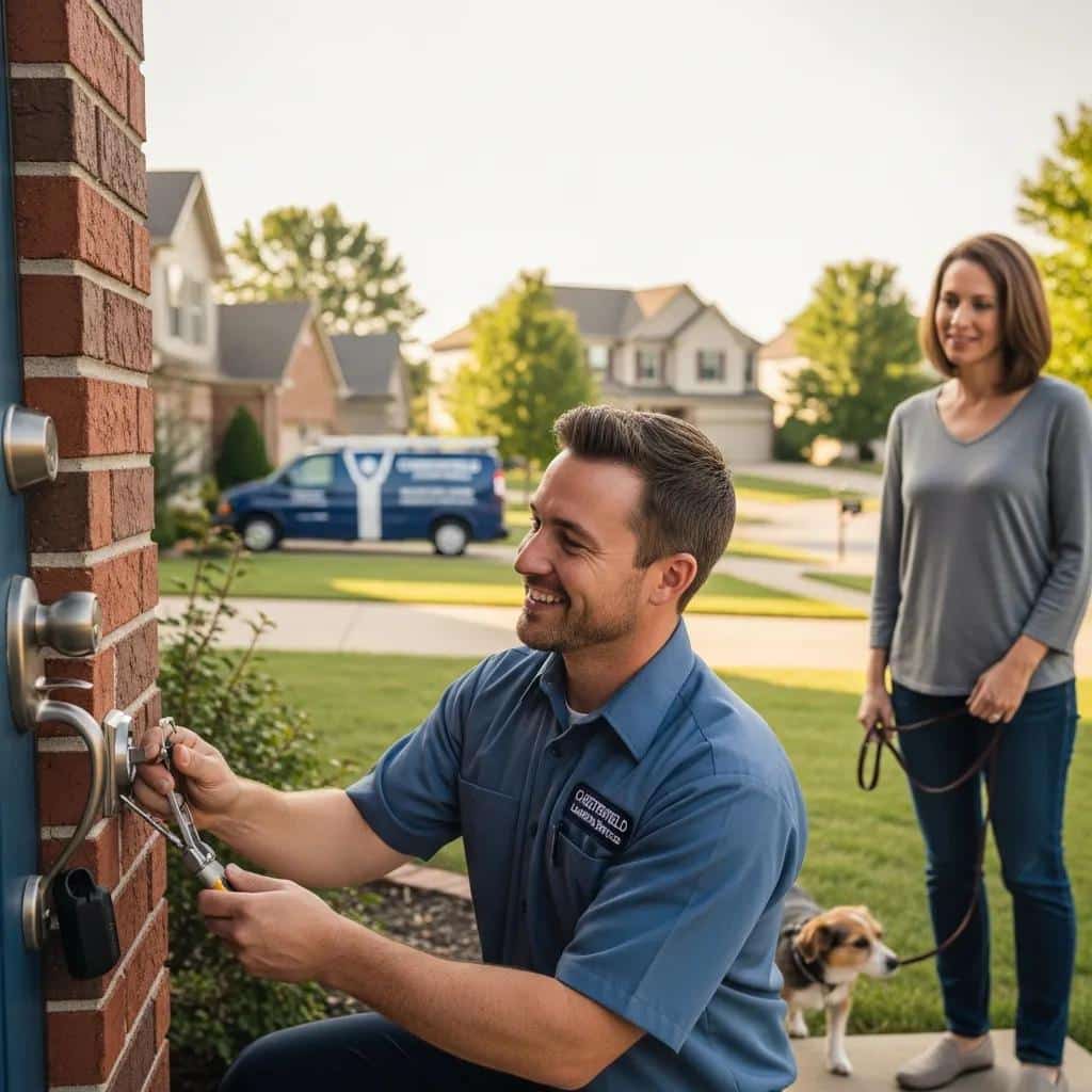 Locksmith assisting a customer in Chesterfield, MO, showcasing emergency lockout services