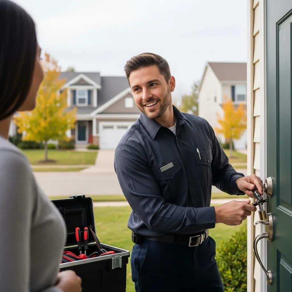 Locksmith assisting a customer in St. Charles, MO, showcasing emergency lockout services