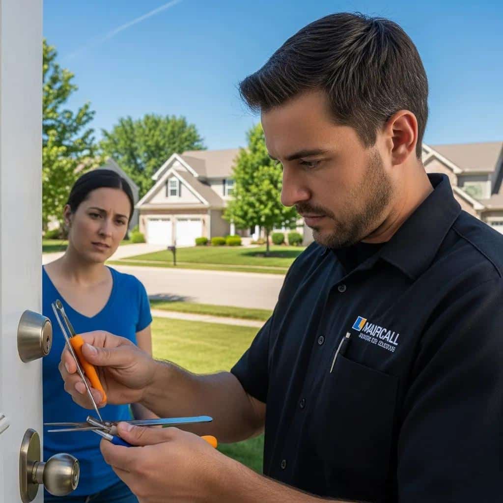 Locksmith assisting a homeowner in Fenton MO during a lockout emergency