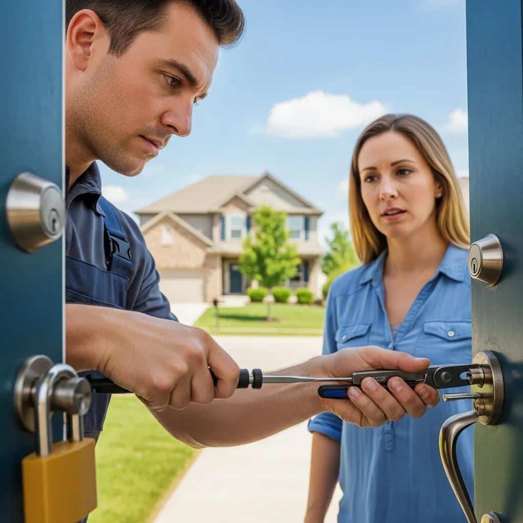 Locksmith assisting a homeowner in Mehlville, showcasing emergency lockout services