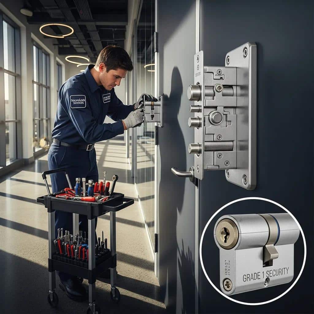 Locksmith installing a high-security lock on a commercial office door, emphasizing business security