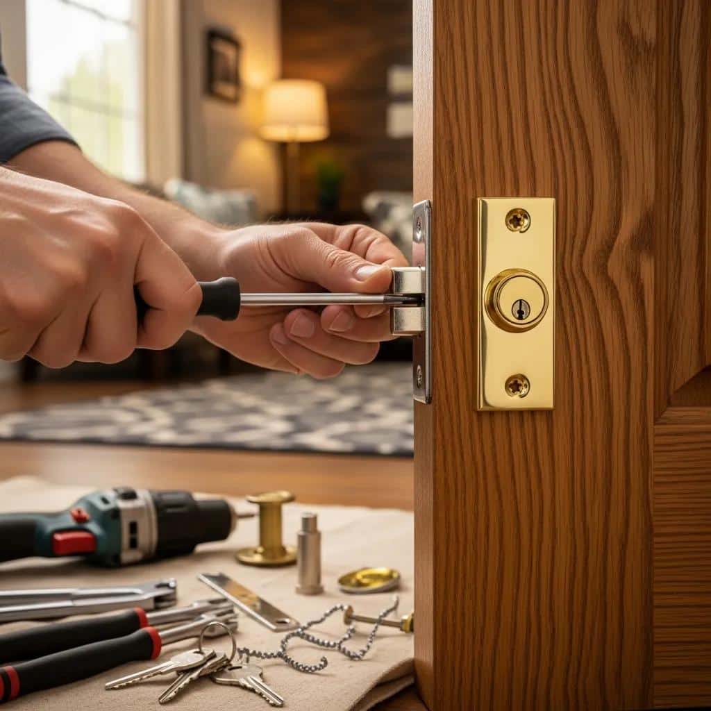 Locksmith installing a residential door lock, showcasing home security solutions