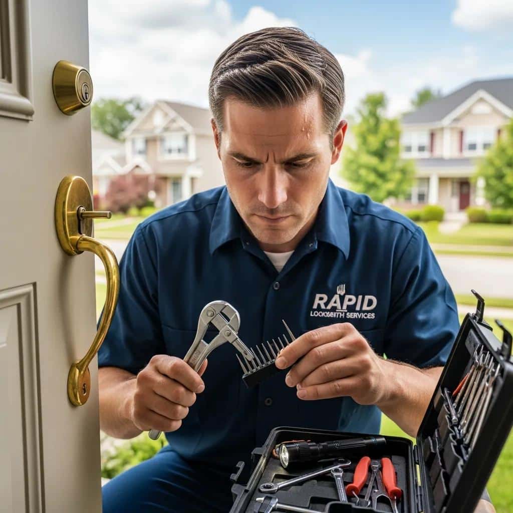 Locksmith providing emergency lockout services in a residential area