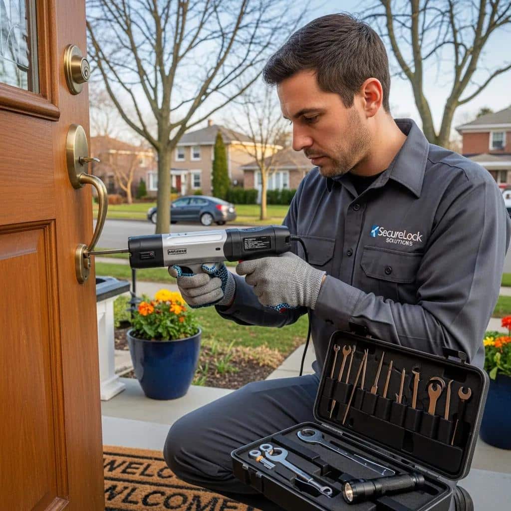 Locksmith providing emergency services in a residential area, showcasing expertise and urgency