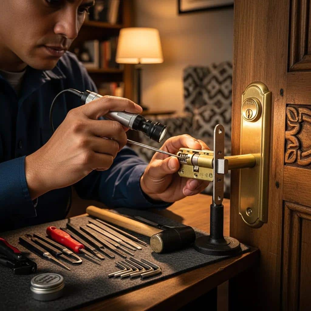 Locksmith repairing a residential door lock, showcasing tools and home security