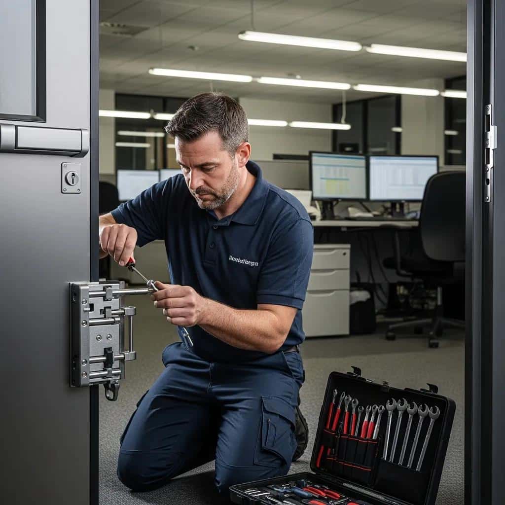 Locksmith servicing a high-security lock in a commercial environment, highlighting business security