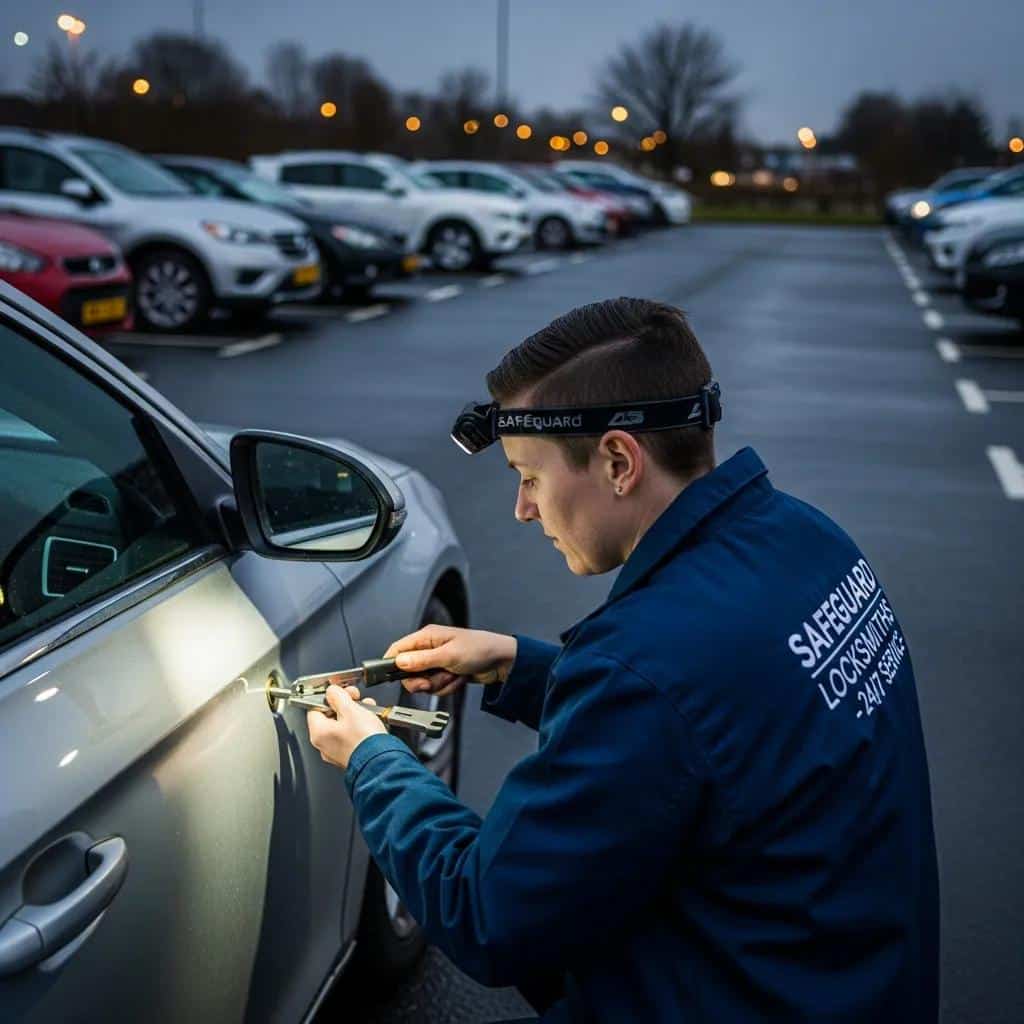 Locksmith unlocking a car door in a parking lot, illustrating automotive lockout solutions