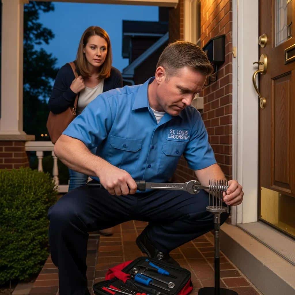 Professional locksmith assisting a customer in St. Louis during a lockout situation