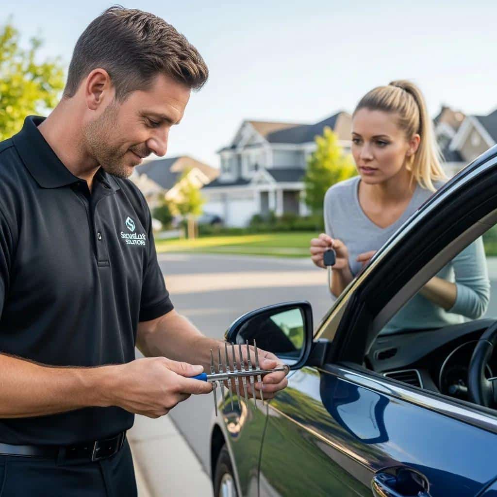 Professional locksmith helping a customer with a car lockout