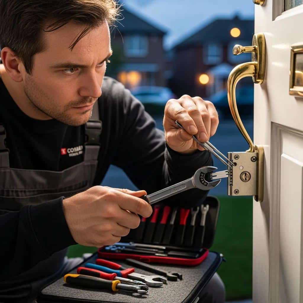 Professional locksmith unlocking a door, emphasizing emergency services and expertise