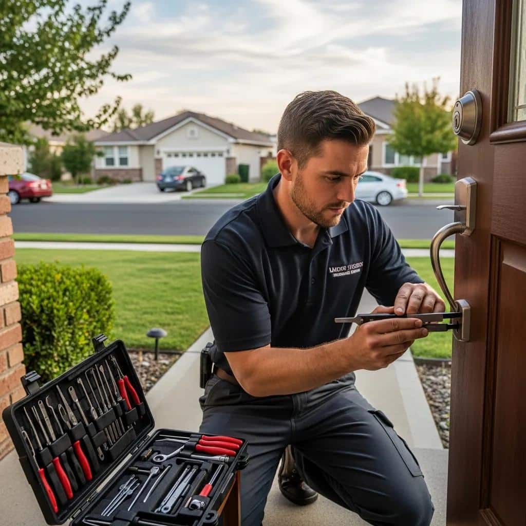 Professional locksmith unlocking a door in a residential area, showcasing emergency locksmith services