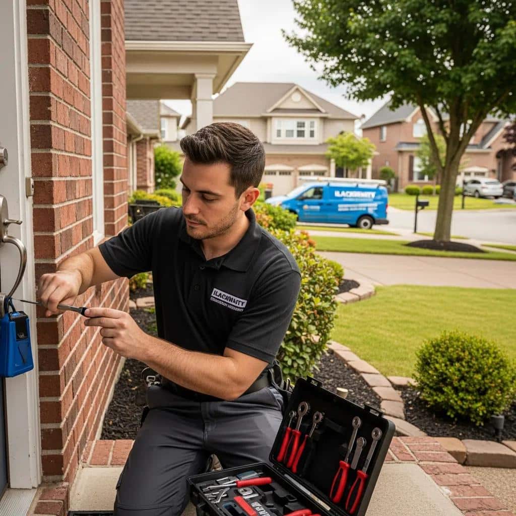 Professional locksmith unlocking a door in a residential area, showcasing urgent locksmith services in Wildwood MO