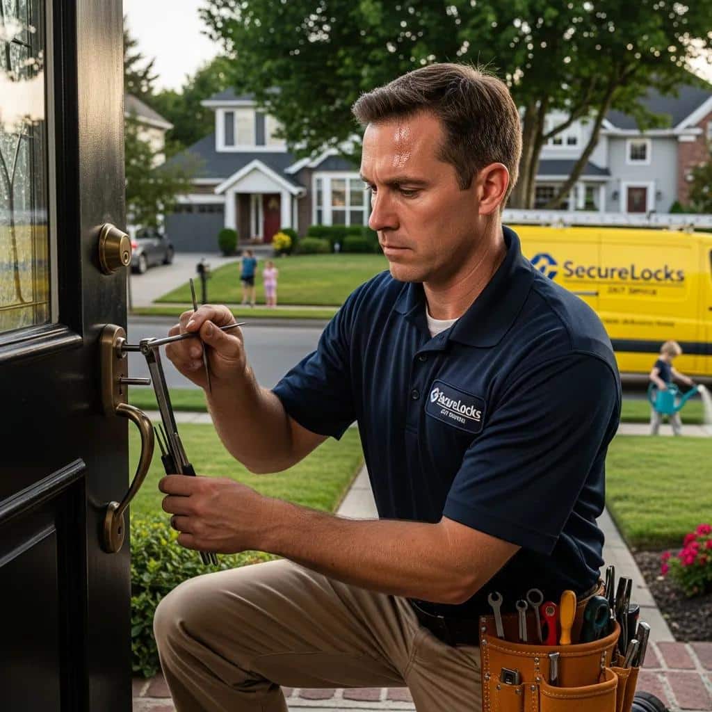 Professional locksmith unlocking a door in a residential neighborhood, showcasing emergency locksmith services