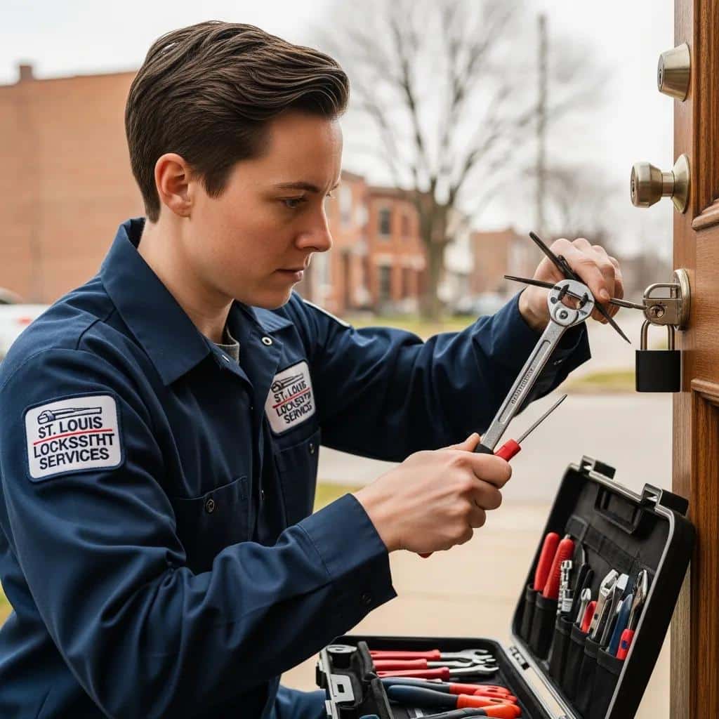 Professional locksmith unlocking a door in St. Louis, showcasing emergency locksmith services
