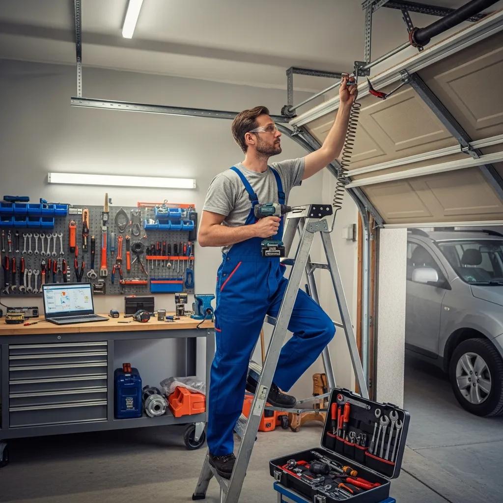 Professional technician repairing a garage door, emphasizing emergency repair services