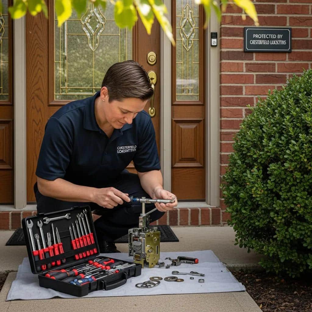 Residential locksmith repairing a door lock, highlighting home security services