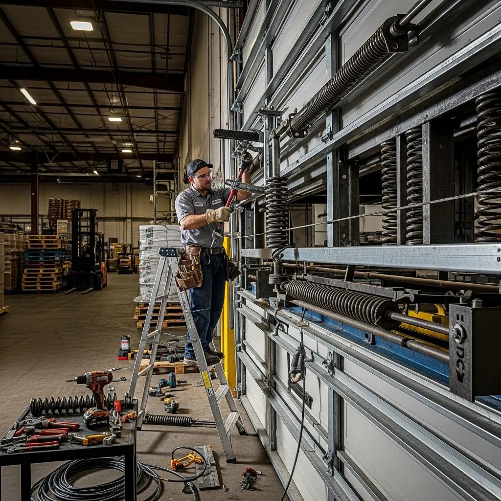 Technician performing specialized repairs on a commercial garage door in a warehouse