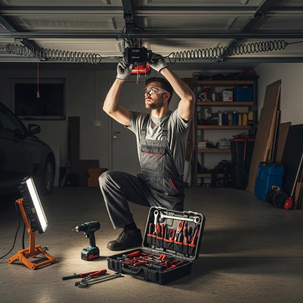Technician repairing a garage door, emphasizing emergency repair services