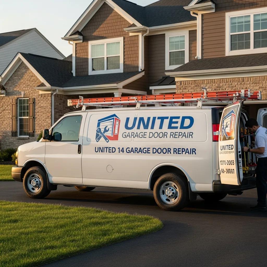 United Garage Door Repair service van ready for emergency response in a residential area